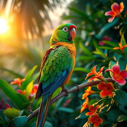 Vibrant parrot perched on a lush tropical branch, surrounded by beautiful flowers and foliage