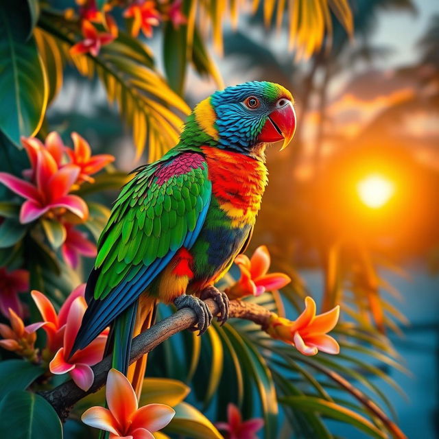 Vibrant parrot perched on a lush tropical branch, surrounded by beautiful flowers and foliage