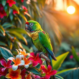 Vibrant parrot perched on a lush tropical branch, surrounded by beautiful flowers and foliage