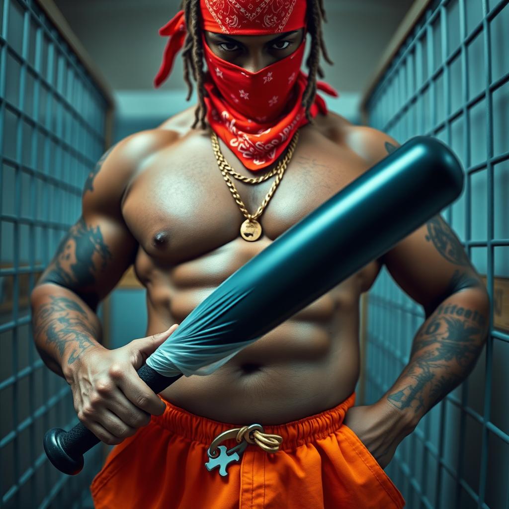 Close-up shot of a muscular African American gang member in a prison cell