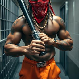 Close-up shot of a muscular African American gang member in a prison cell