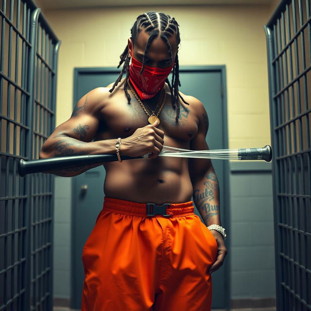 Close-up shot of a muscular African American gang member in a prison cell