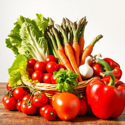 A vibrant still life composition featuring an assortment of colorful vegetables, including cherry tomatoes, crispy lettuce leaves, a bundle of fresh asparagus, carrots with their green tops, a bulb of garlic, and a red bell pepper, all arranged artfully in a woven basket or on a rustic wooden table