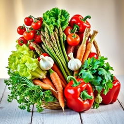 A vibrant still life composition featuring an assortment of colorful vegetables, including cherry tomatoes, crispy lettuce leaves, a bundle of fresh asparagus, carrots with their green tops, a bulb of garlic, and a red bell pepper, all arranged artfully in a woven basket or on a rustic wooden table