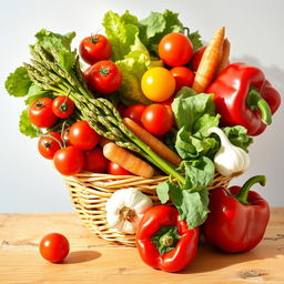 A vibrant still life composition featuring an assortment of colorful vegetables, including cherry tomatoes, crispy lettuce leaves, a bundle of fresh asparagus, carrots with their green tops, a bulb of garlic, and a red bell pepper, all arranged artfully in a woven basket or on a rustic wooden table