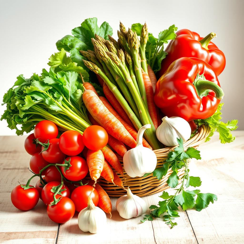 A vibrant still life composition featuring an assortment of colorful vegetables, including cherry tomatoes, crispy lettuce leaves, a bundle of fresh asparagus, carrots with their green tops, a bulb of garlic, and a red bell pepper, all arranged artfully in a woven basket or on a rustic wooden table