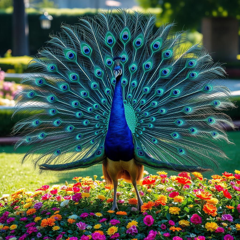 Exotic peacock displaying its vibrant tail feathers in full bloom, set in a tranquil garden