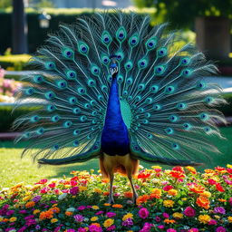 Exotic peacock displaying its vibrant tail feathers in full bloom, set in a tranquil garden