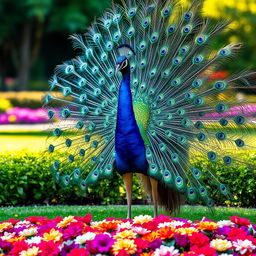 Exotic peacock displaying its vibrant tail feathers in full bloom, set in a tranquil garden