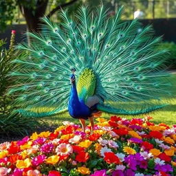 Exotic peacock displaying its vibrant tail feathers in full bloom, set in a tranquil garden