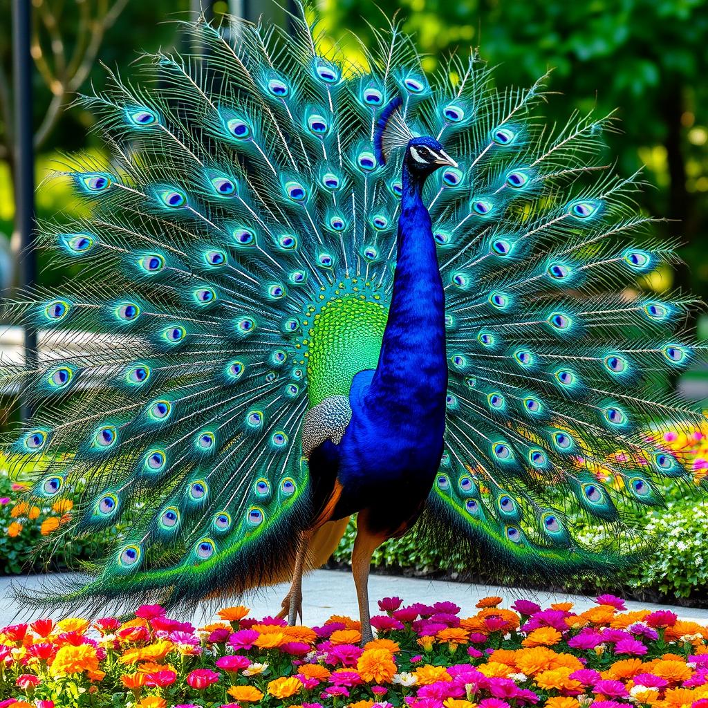 Exotic peacock displaying its vibrant tail feathers in full bloom, set in a tranquil garden