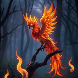 A whimsical phoenix with fiery plumage perched on a charred branch, flames softly flickering around it