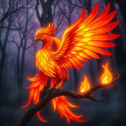 A whimsical phoenix with fiery plumage perched on a charred branch, flames softly flickering around it