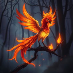 A whimsical phoenix with fiery plumage perched on a charred branch, flames softly flickering around it