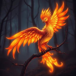 A whimsical phoenix with fiery plumage perched on a charred branch, flames softly flickering around it