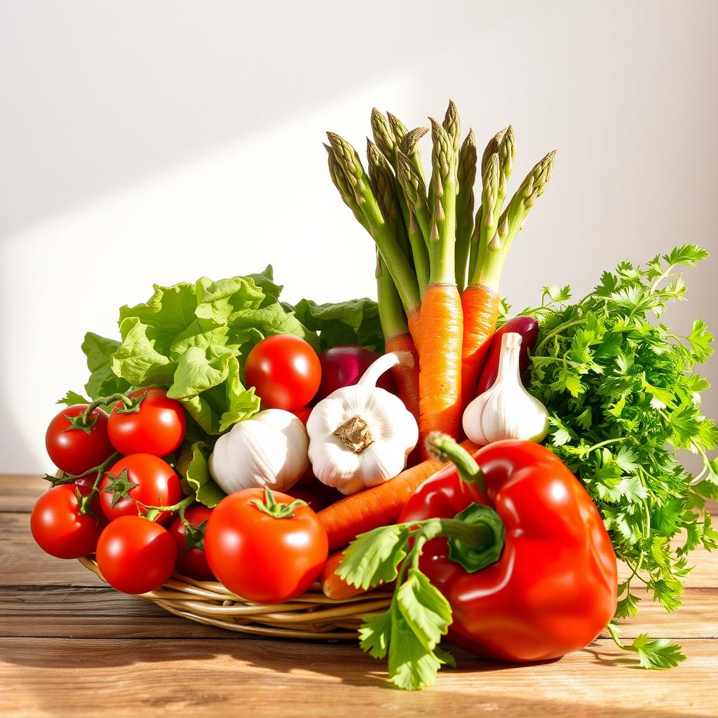 A vibrant still life composition featuring an assortment of colorful vegetables, including cherry tomatoes, crispy lettuce leaves, a bundle of fresh asparagus, carrots with their green tops, a bulb of garlic, and a red bell pepper, all arranged artfully in a woven basket or on a rustic wooden table