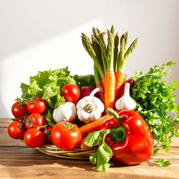 A vibrant still life composition featuring an assortment of colorful vegetables, including cherry tomatoes, crispy lettuce leaves, a bundle of fresh asparagus, carrots with their green tops, a bulb of garlic, and a red bell pepper, all arranged artfully in a woven basket or on a rustic wooden table