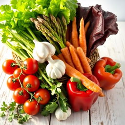 A vibrant still life composition featuring an assortment of colorful vegetables, including cherry tomatoes, crispy lettuce leaves, a bundle of fresh asparagus, carrots with their green tops, a bulb of garlic, and a red bell pepper, all arranged artfully in a woven basket or on a rustic wooden table