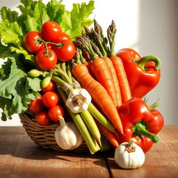 A vibrant still life composition featuring an assortment of colorful vegetables, including cherry tomatoes, crispy lettuce leaves, a bundle of fresh asparagus, carrots with their green tops, a bulb of garlic, and a red bell pepper, all arranged artfully in a woven basket or on a rustic wooden table