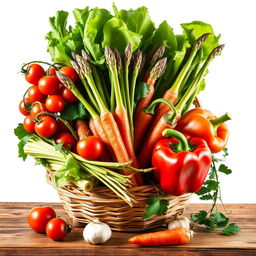 A vibrant still life composition featuring an assortment of colorful vegetables, including cherry tomatoes, crispy lettuce leaves, a bundle of fresh asparagus, carrots with their green tops, a bulb of garlic, and a red bell pepper, all arranged artfully in a woven basket or on a rustic wooden table