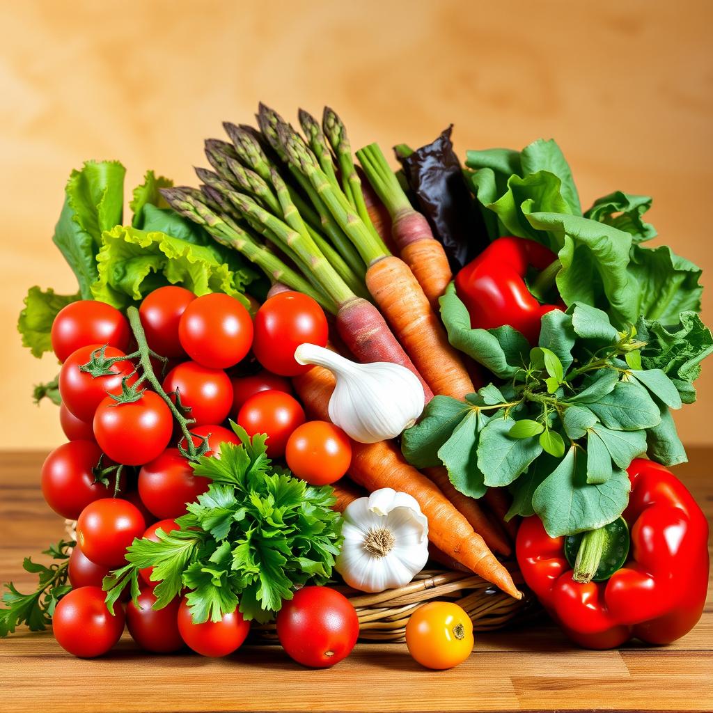 A vibrant still life composition featuring an assortment of colorful vegetables, including cherry tomatoes, crispy lettuce leaves, a bundle of fresh asparagus, carrots with their green tops, a bulb of garlic, and a red bell pepper, all arranged artfully in a woven basket or on a rustic wooden table