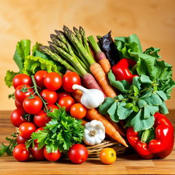 A vibrant still life composition featuring an assortment of colorful vegetables, including cherry tomatoes, crispy lettuce leaves, a bundle of fresh asparagus, carrots with their green tops, a bulb of garlic, and a red bell pepper, all arranged artfully in a woven basket or on a rustic wooden table