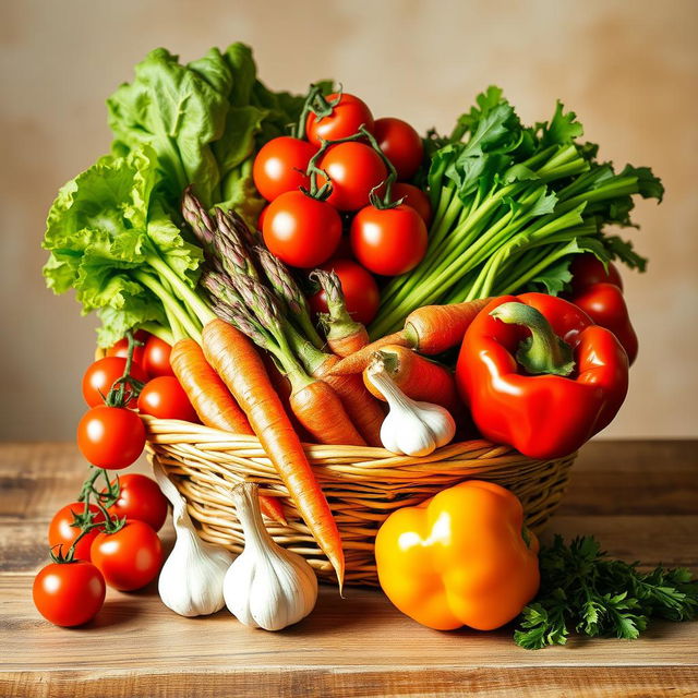 A vibrant still life composition featuring an assortment of colorful vegetables, including cherry tomatoes, crispy lettuce leaves, a bundle of fresh asparagus, carrots with their green tops, a bulb of garlic, and a red bell pepper, all arranged artfully in a woven basket or on a rustic wooden table