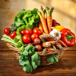 A vibrant still life composition featuring an assortment of colorful vegetables, including cherry tomatoes, crispy lettuce leaves, a bundle of fresh asparagus, carrots with their green tops, a bulb of garlic, and a red bell pepper, all arranged artfully in a woven basket or on a rustic wooden table