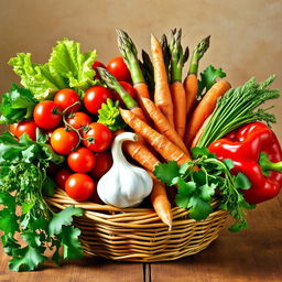 A vibrant still life composition featuring an assortment of colorful vegetables, including cherry tomatoes, crispy lettuce leaves, a bundle of fresh asparagus, carrots with their green tops, a bulb of garlic, and a red bell pepper, all arranged artfully in a woven basket or on a rustic wooden table