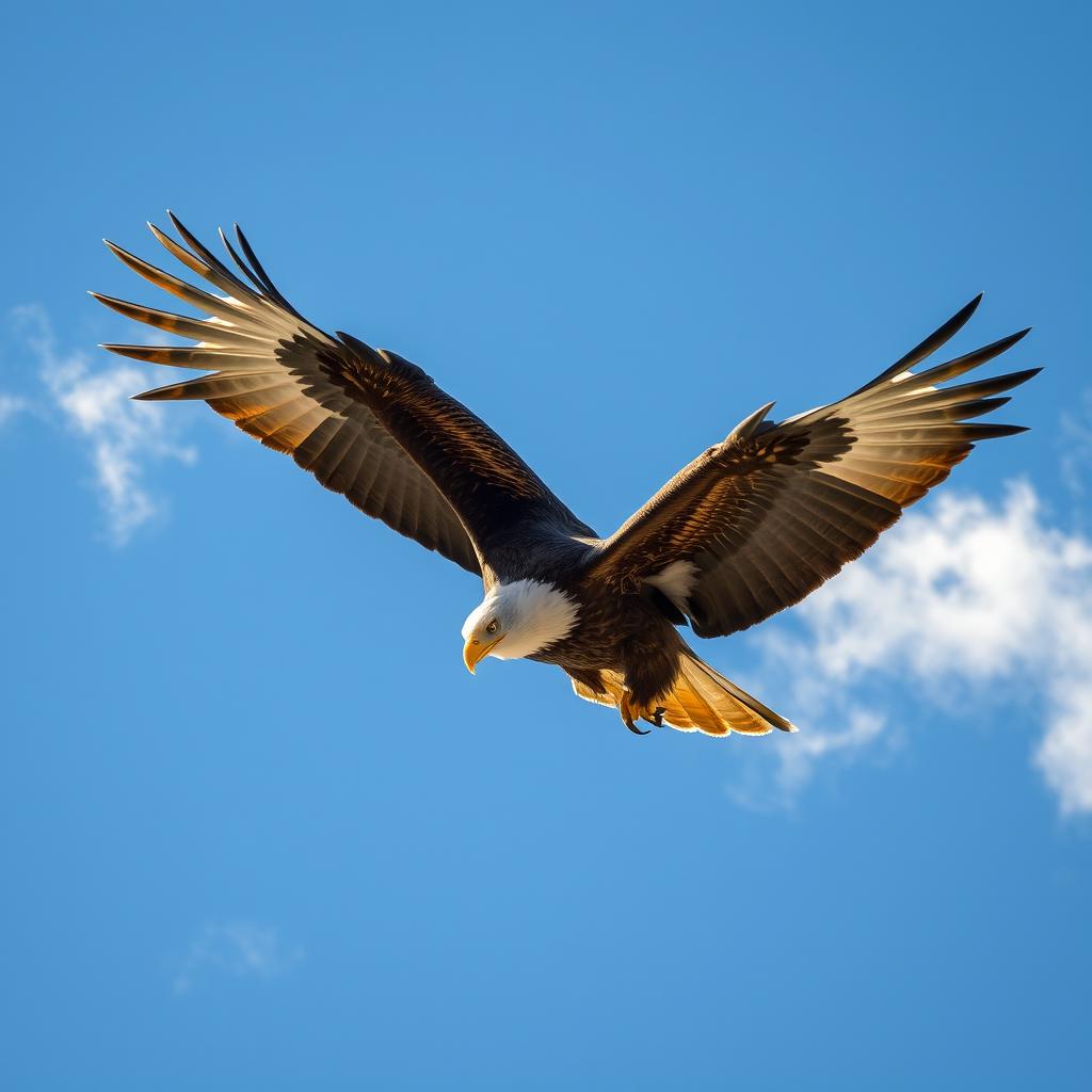 Majestic eagle soaring through a clear blue sky, its powerful wings outstretched