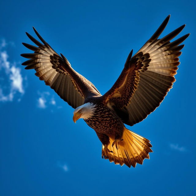 Majestic eagle soaring through a clear blue sky, its powerful wings outstretched