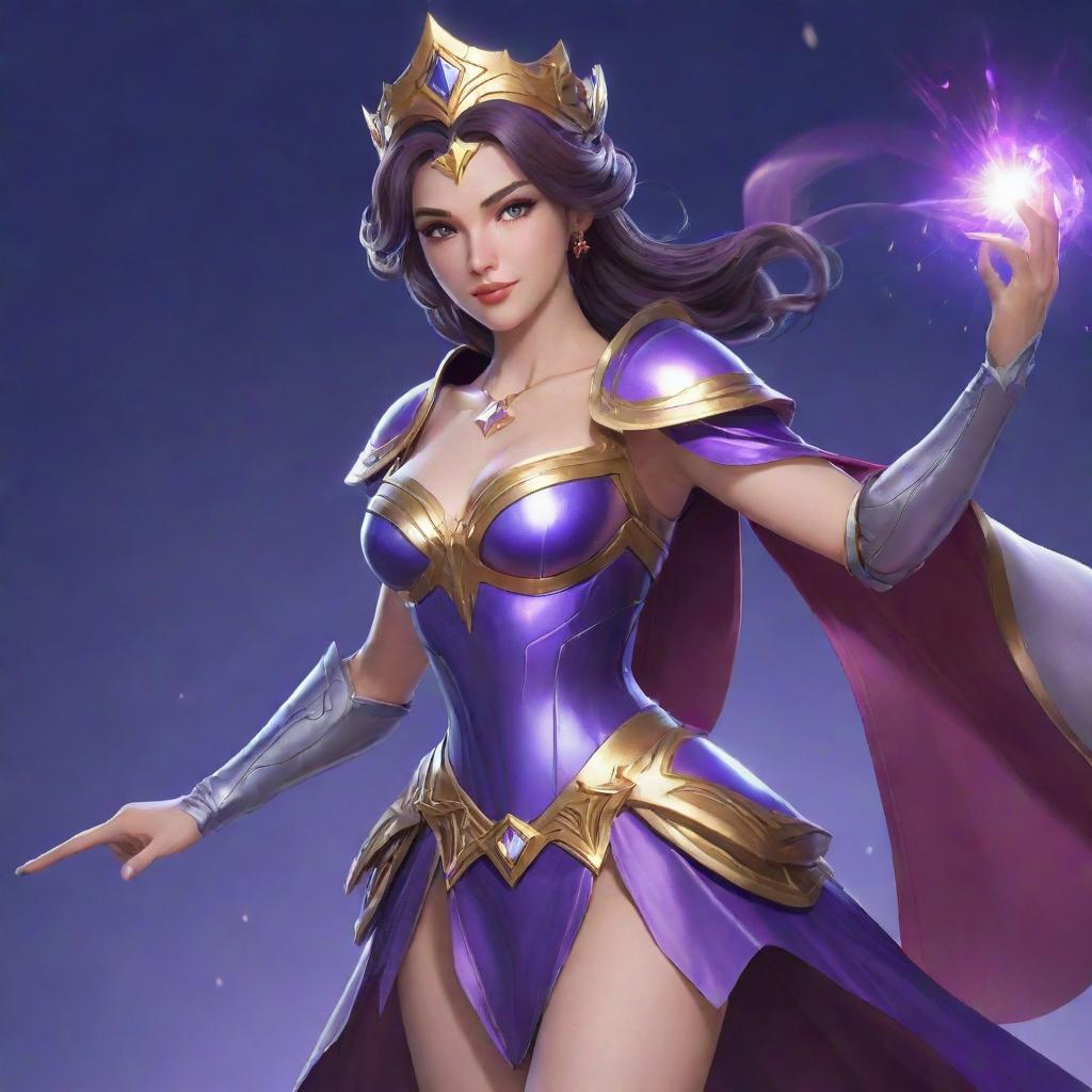 Generate an image of Guinevere from Mobile Legends in a dynamic pose, showcasing her magical prowess and beautiful outfit.