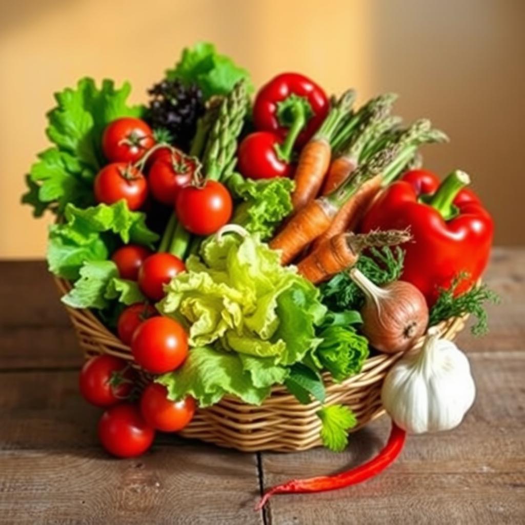 A vibrant still life composition featuring an assortment of colorful vegetables, including cherry tomatoes, crispy lettuce leaves, a bundle of fresh asparagus, carrots with their green tops, a bulb of garlic, and a red bell pepper, all arranged artfully in a woven basket or on a rustic wooden table