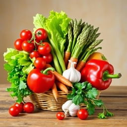 A vibrant still life composition featuring an assortment of colorful vegetables, including cherry tomatoes, crispy lettuce leaves, a bundle of fresh asparagus, carrots with their green tops, a bulb of garlic, and a red bell pepper, all arranged artfully in a woven basket or on a rustic wooden table