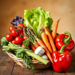 A vibrant still life composition featuring an assortment of colorful vegetables, including cherry tomatoes, crispy lettuce leaves, a bundle of fresh asparagus, carrots with their green tops, a bulb of garlic, and a red bell pepper, all arranged artfully in a woven basket or on a rustic wooden table