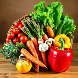 A vibrant still life composition featuring an assortment of colorful vegetables, including cherry tomatoes, crispy lettuce leaves, a bundle of fresh asparagus, carrots with their green tops, a bulb of garlic, and a red bell pepper, all arranged artfully in a woven basket or on a rustic wooden table