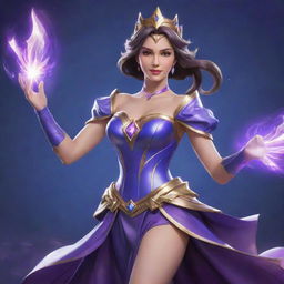 Generate an image of Guinevere from Mobile Legends in a dynamic pose, showcasing her magical prowess and beautiful outfit.