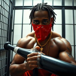 A close-up of a muscular African American gang member in a prison cell