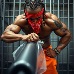 A close-up of a muscular African American gang member in a prison cell