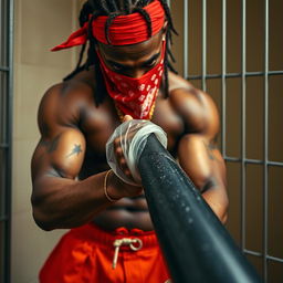 A close-up of a muscular African American gang member in a prison cell