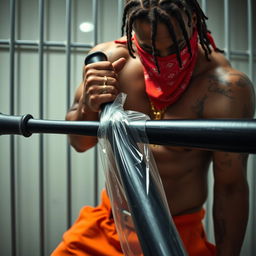 A close-up of a muscular African American gang member in a prison cell