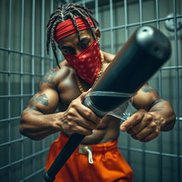 A close-up of a muscular African American gang member in a prison cell