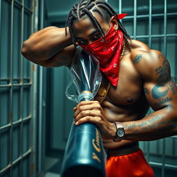 A close-up of a muscular African American gang member in a prison cell