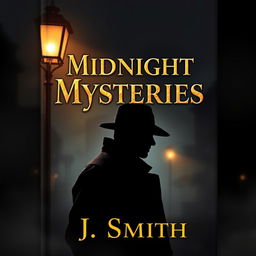 A captivating and mysterious novel cover featuring a shadowed silhouette of a detective under a dimly lit street lamp