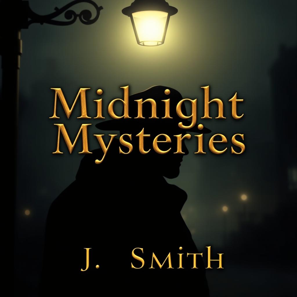 A captivating and mysterious novel cover featuring a shadowed silhouette of a detective under a dimly lit street lamp