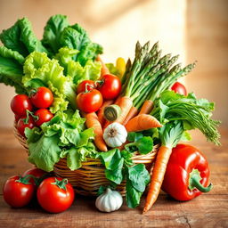 A vibrant still life composition featuring an assortment of colorful vegetables, including cherry tomatoes, crispy lettuce leaves, a bundle of fresh asparagus, carrots with their green tops, a bulb of garlic, and a red bell pepper, all arranged artfully in a woven basket or on a rustic wooden table