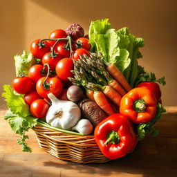 A vibrant still life composition featuring an assortment of colorful vegetables, including cherry tomatoes, crispy lettuce leaves, a bundle of fresh asparagus, carrots with their green tops, a bulb of garlic, and a red bell pepper, all arranged artfully in a woven basket or on a rustic wooden table