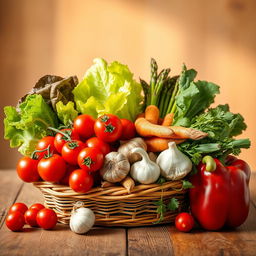 A vibrant still life composition featuring an assortment of colorful vegetables, including cherry tomatoes, crispy lettuce leaves, a bundle of fresh asparagus, carrots with their green tops, a bulb of garlic, and a red bell pepper, all arranged artfully in a woven basket or on a rustic wooden table