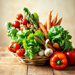 A vibrant still life composition featuring an assortment of colorful vegetables, including cherry tomatoes, crispy lettuce leaves, a bundle of fresh asparagus, carrots with their green tops, a bulb of garlic, and a red bell pepper, all arranged artfully in a woven basket or on a rustic wooden table