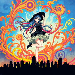 A bright and colorful illustration depicting a girl with loose multicolored hair, swirling in the sky